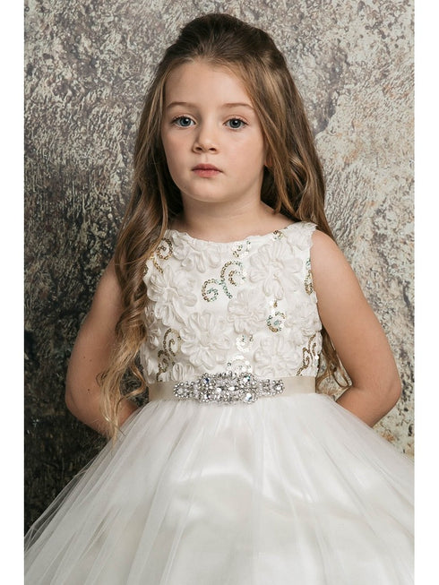 Petite Adele Little Girls Ivory 3D Floral Beaded Belt Flower Girl Dress 2-6 - SophiasStyle.com